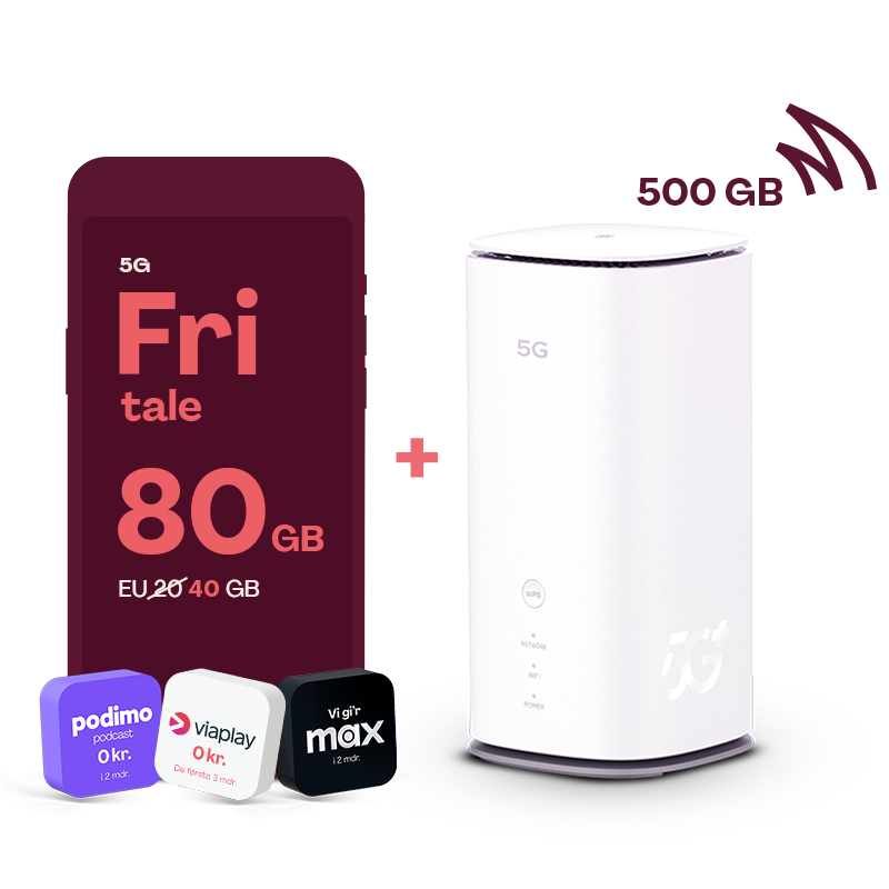 Mobil abn. med fri tale og 80GB + 5g Internet, samt Podimo podcast i 2 mdr. til 0 kr., Viaplay 3 mdr. til 0 kr, og Max i 2 mdr til 0 kr.