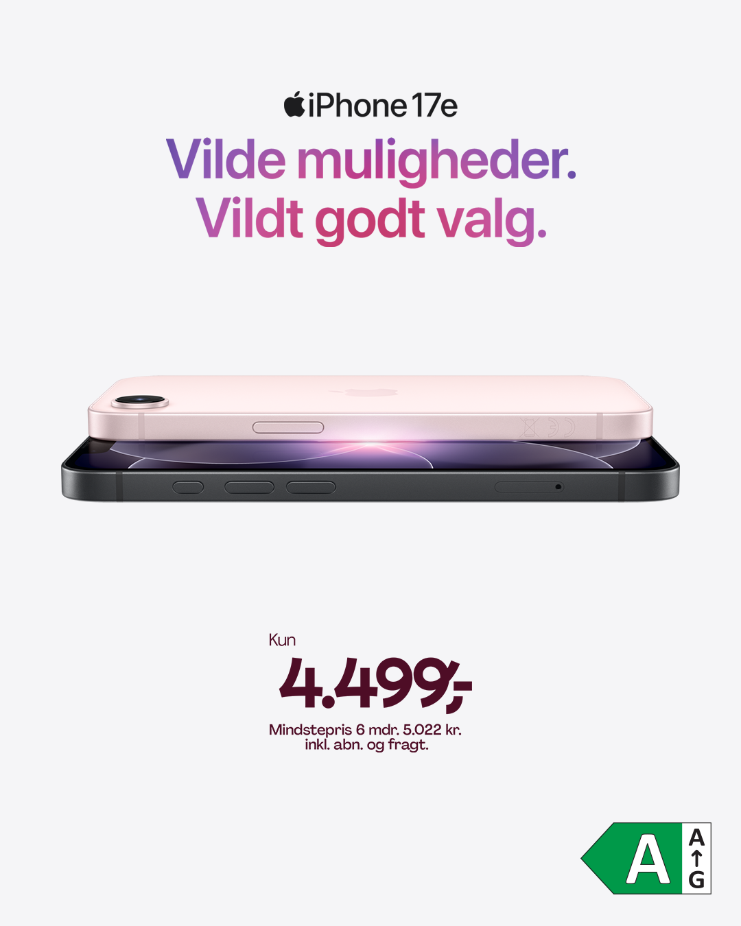 iPhone 17e. Kun 4.499,- Mindstepris 6 mdr 5.022 kr. inkl. abonnement og fragt