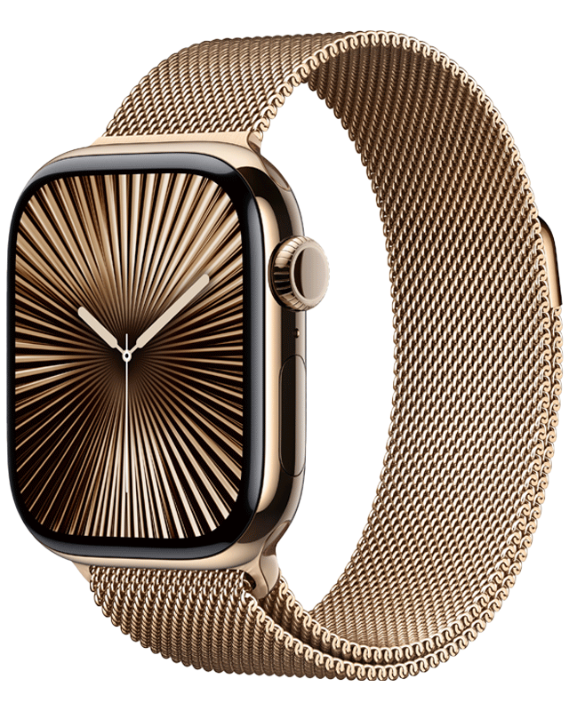Apple Watch Series 10 GPS + Cellular 42mm Gold Titanium Case with Gold Milanese Loop med abonnement. Mindstepris: 5822.00 kr.